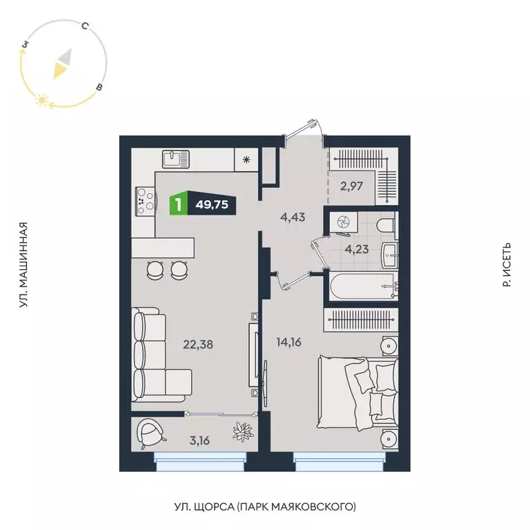1-комнатная квартира: Екатеринбург, Машинная улица, 1В/4 (49.75 м) - Фото 1