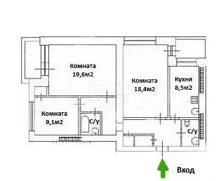 3-к. квартира, 74,4 м, 2/9 эт. - Фото 0