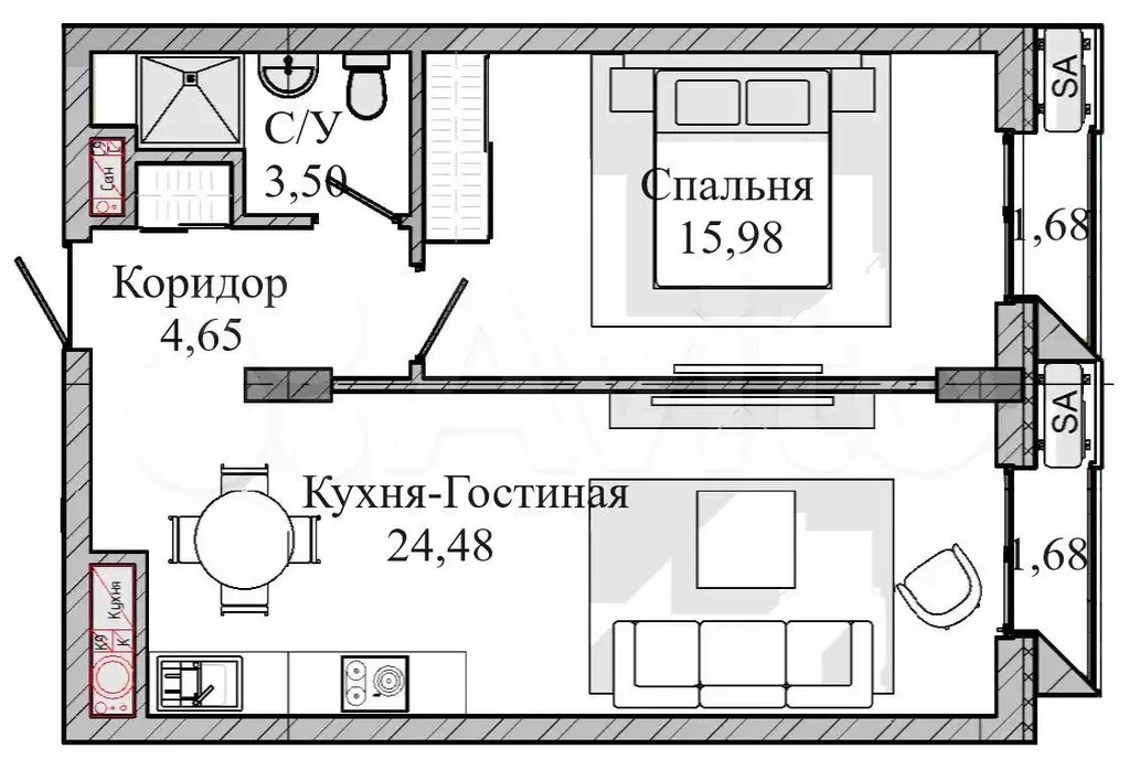 1-к. квартира, 49,6 м, 7/12 эт. - Фото 1