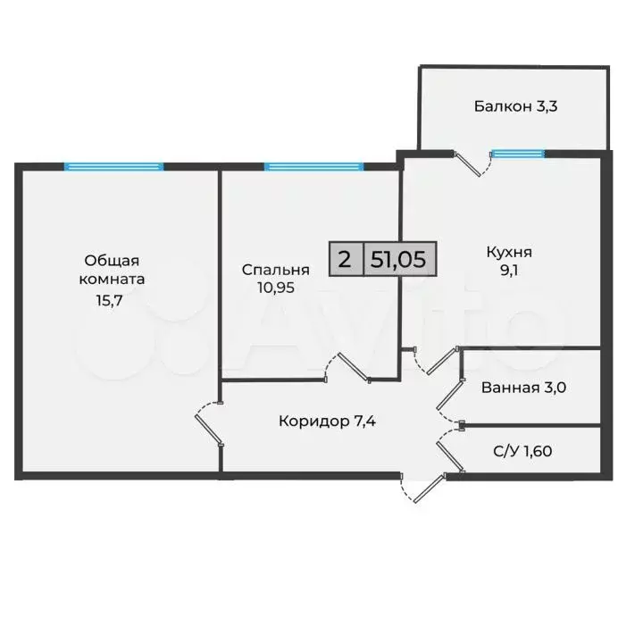 2-к. квартира, 51,1 м, 5/5 эт. - Фото 0