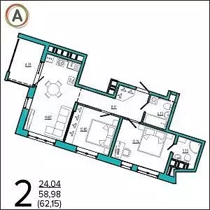 2-к. квартира, 62,2 м, 8/16 эт. - Фото 0