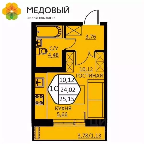 1-к кв. Пермский край, д. Кондратово ул. Н.М. Яблокова, 2 (25.15 м) - Фото 0