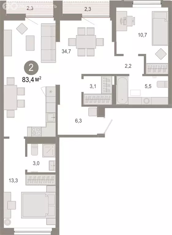 2-комнатная квартира: Тюмень, микрорайон ДОК, ЖК Октябрьский на Туре ... - Фото 2