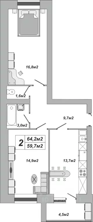 2-к кв. Тамбовская область, Тамбов ул. Чичерина, 7/3 (64.2 м) - Фото 0