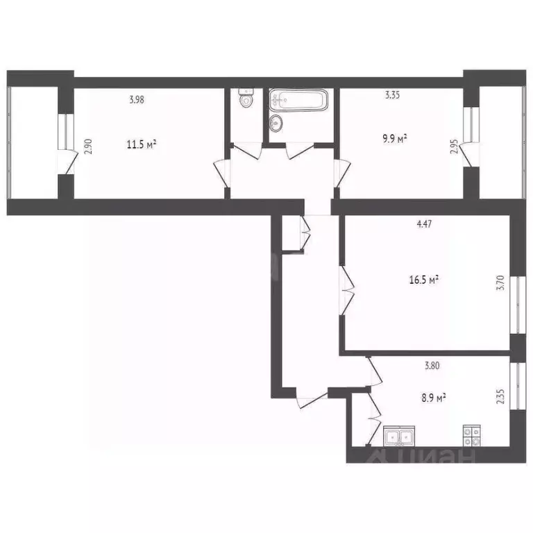 3-к кв. Белгородская область, Белгород Вокзальная ул., 19а (60.3 м) - Фото 2