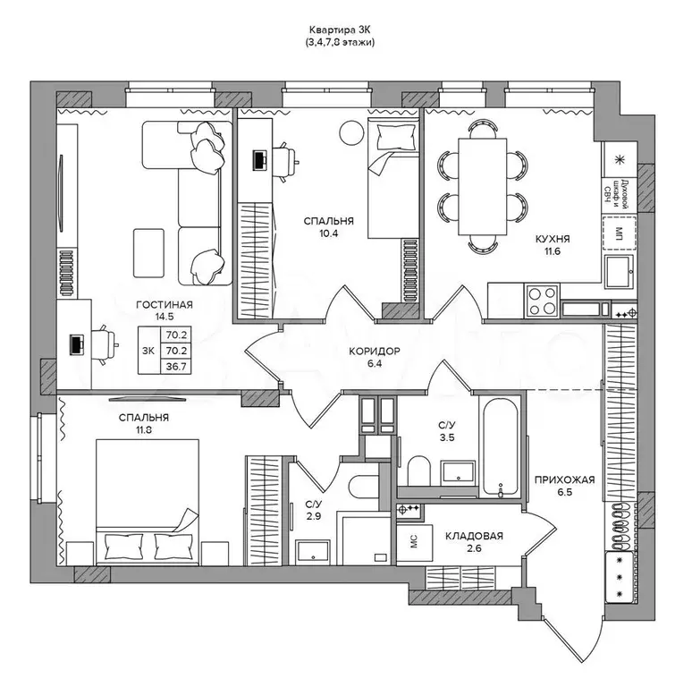 3-к. квартира, 70,2 м, 7/9 эт. - Фото 1