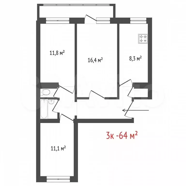 3-к. квартира, 63,1 м, 6/10 эт. - Фото 0