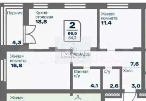 2-к. квартира, 66,5 м, 2/16 эт. - Фото 0