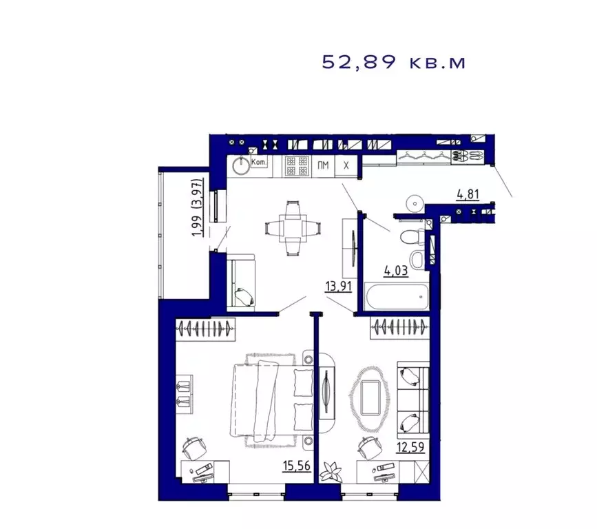 2-комнатная квартира: Аксай, ЖК Авиатор (52.89 м) - Фото 1