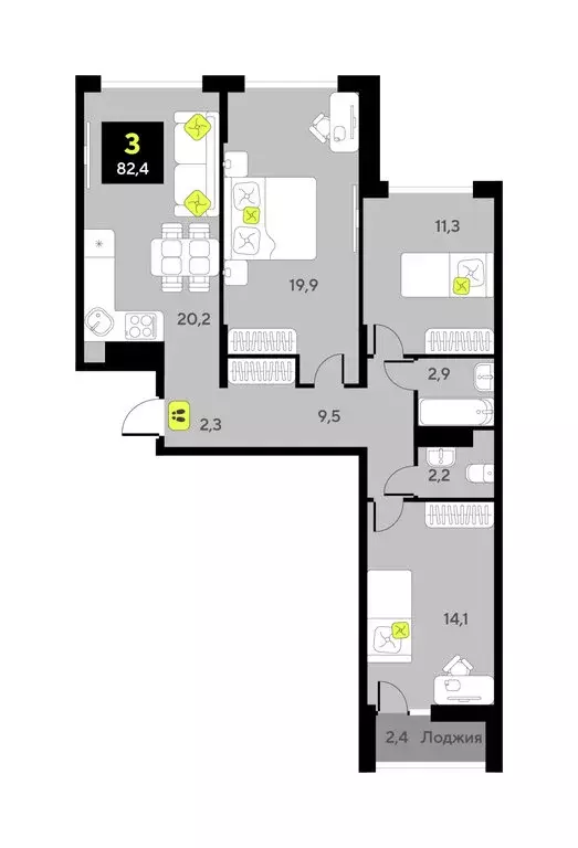 3-комнатная квартира: Тюмень, улица Ивана Чистякова, 3 (82.4 м) - Фото 1