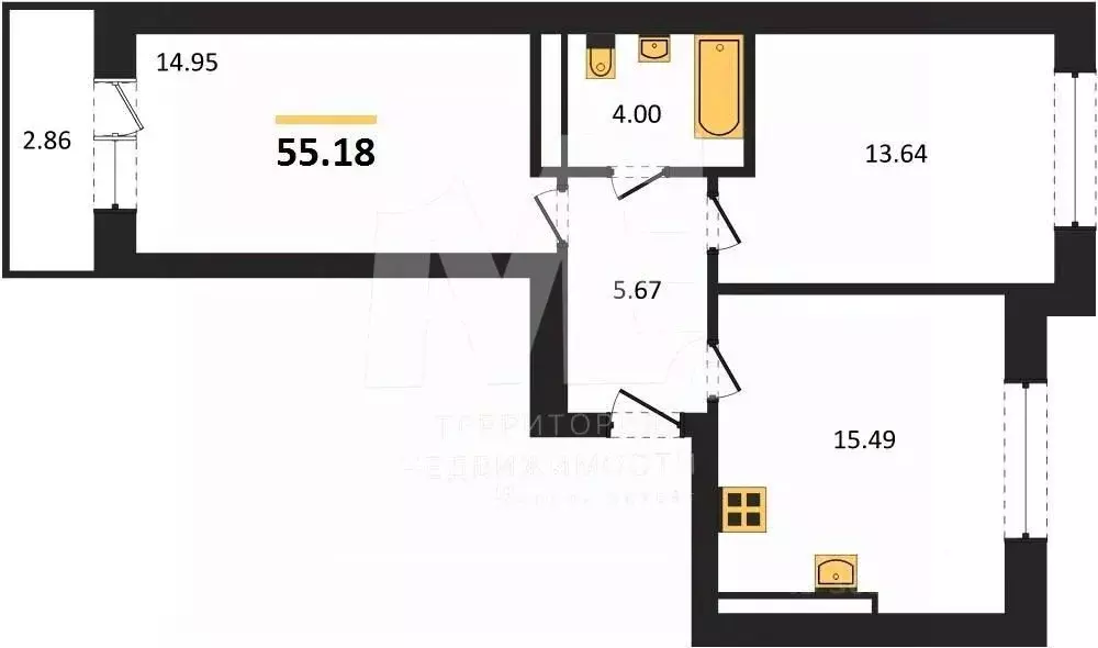 2-к кв. Калининградская область, Калининград ул. Согласия, 53Б (55.18 ... - Фото 0