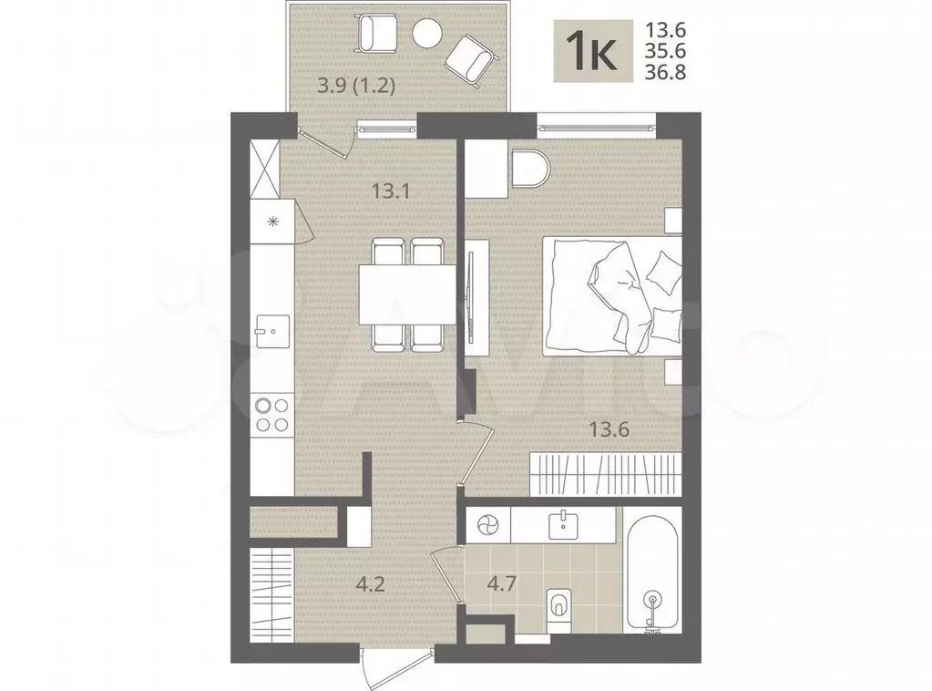 1-к. квартира, 36,8 м, 5/7 эт. - Фото 1