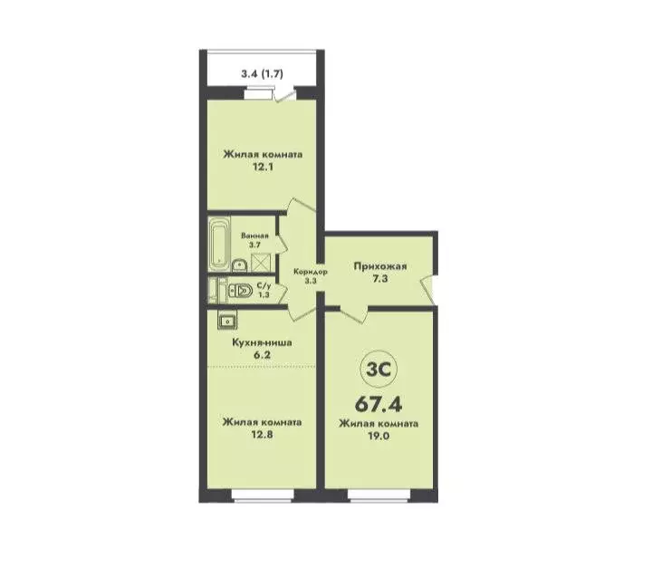 Продаётся 2-к квартира, 67.4 м - Фото 1