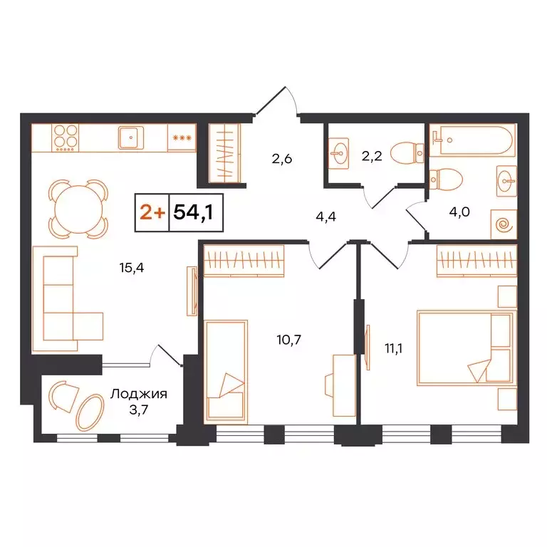 2-комнатная квартира: Тюмень, ЖК UNO (54.1 м) - Фото 1