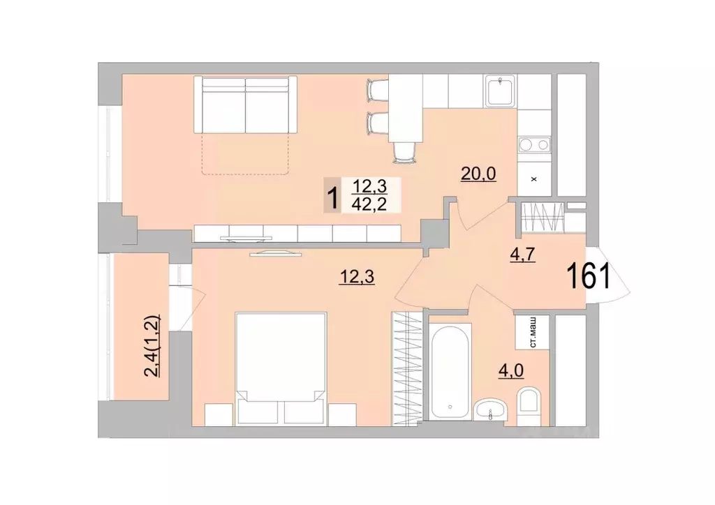 1-к кв. Свердловская область, Екатеринбург ул. Черкасская, 5к3 (43.4 ... - Фото 1