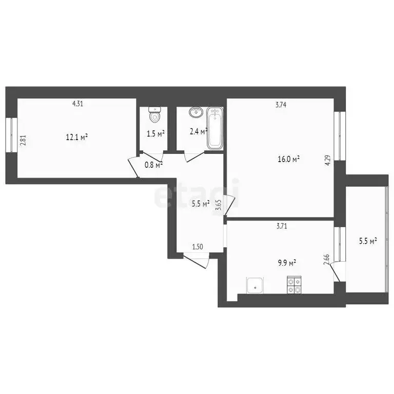 2-комнатная квартира: Тюмень, улица Беляева, 33 (48.2 м) - Фото 0