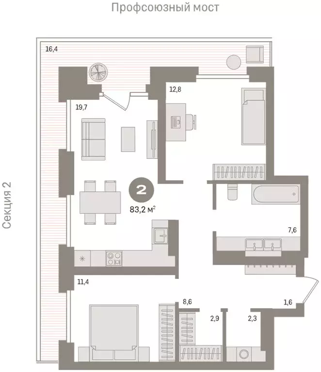 2-комнатная квартира: Тюмень, Причальная улица, 9 (83.6 м) - Фото 2