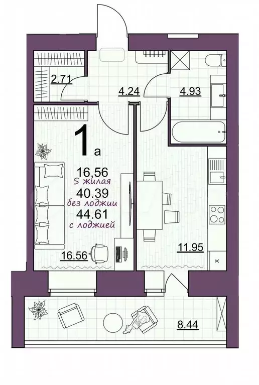1-к. квартира, 44,6 м, 2/14 эт. - Фото 0