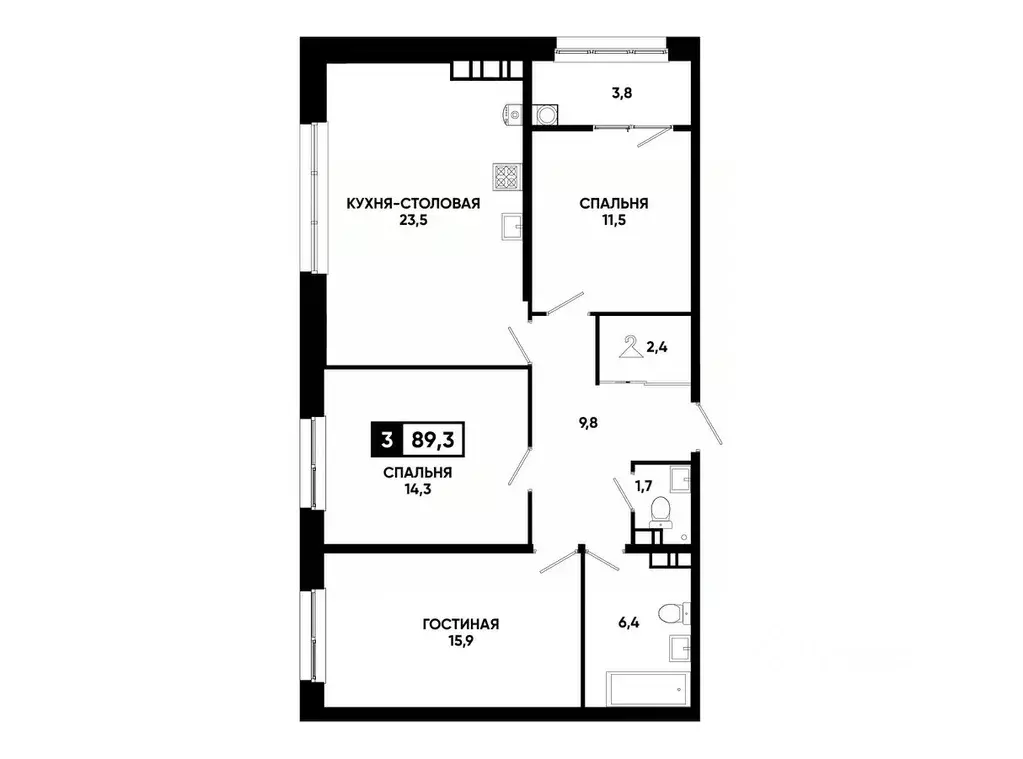 2-к кв. Ставропольский край, Ставрополь ул. Андрея Голуба, 12к8 (89.3 ... - Фото 0