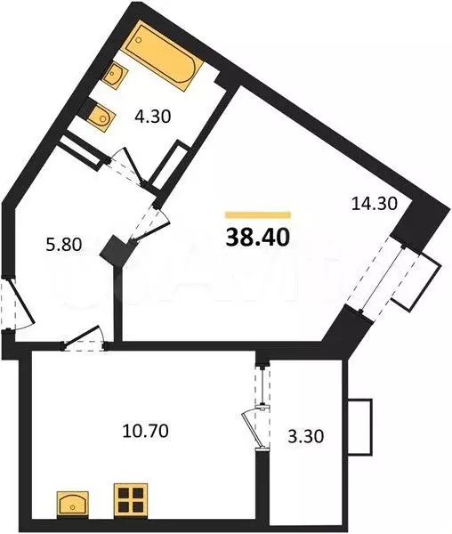 1-к. квартира, 38,4 м, 2/8 эт. - Фото 1