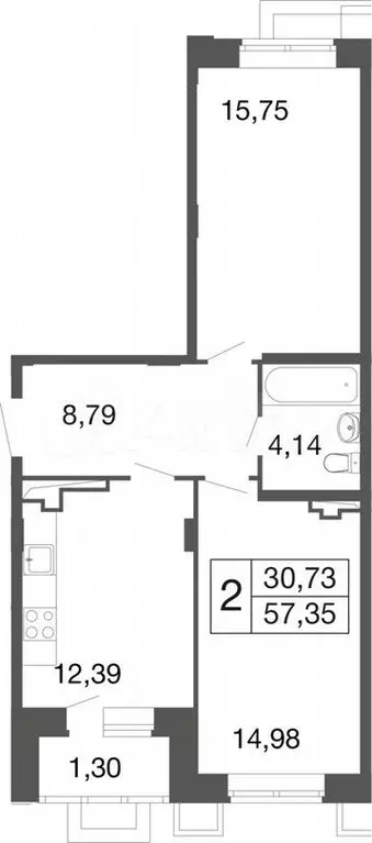 2-к. квартира, 57,4м, 1/9эт. - Фото 0