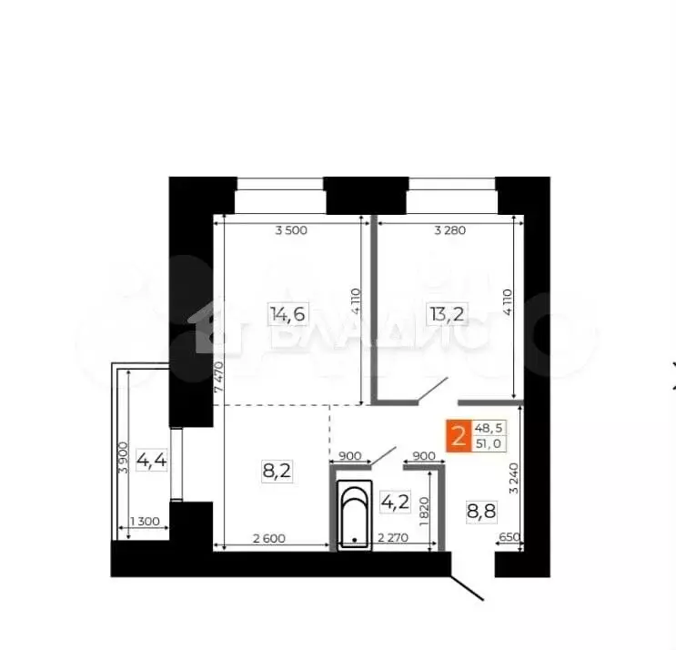 2-к. квартира, 51,3 м, 5/9 эт. - Фото 0