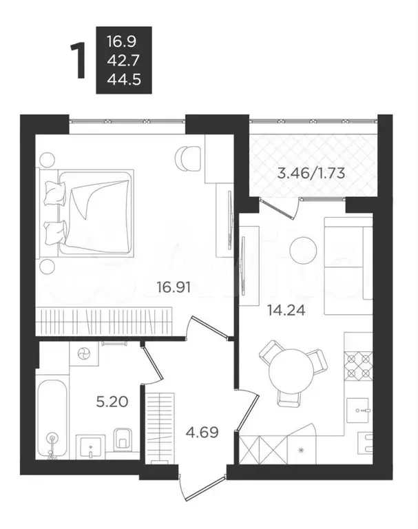 1-к. квартира, 43 м, 2/4 эт. - Фото 0