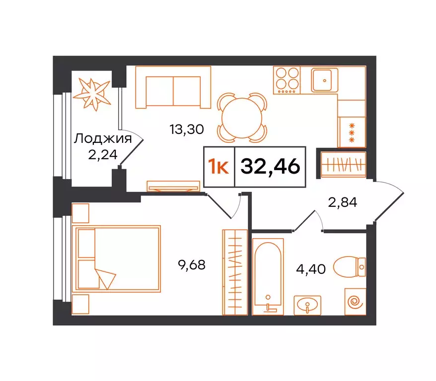1-комнатная квартира: Тюмень, Полевая улица, 117к13 (32.46 м) - Фото 0