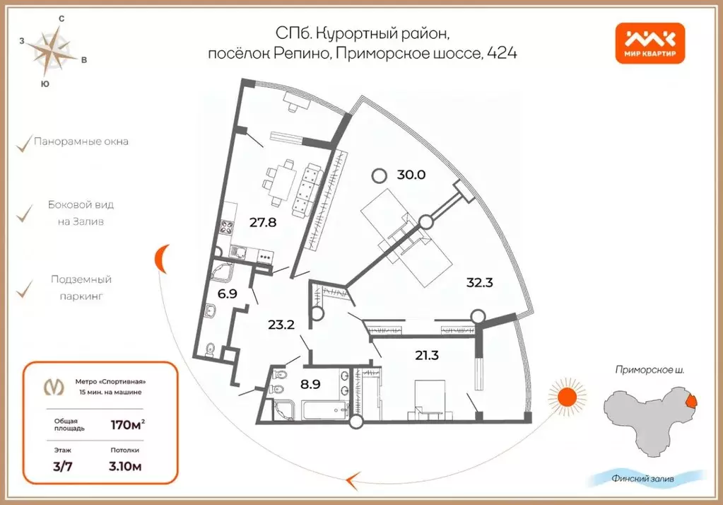 3-к кв. Санкт-Петербург пос. Репино, Приморское ш., 424 (160.0 м) - Фото 1