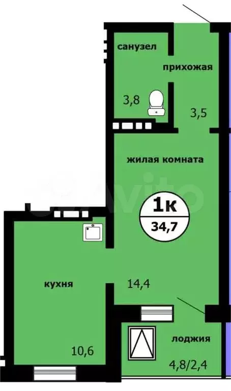 1-к. квартира, 34,7 м, 5/9 эт. - Фото 0