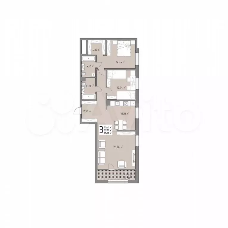 3-к. квартира, 91,9 м, 4/9 эт. - Фото 1