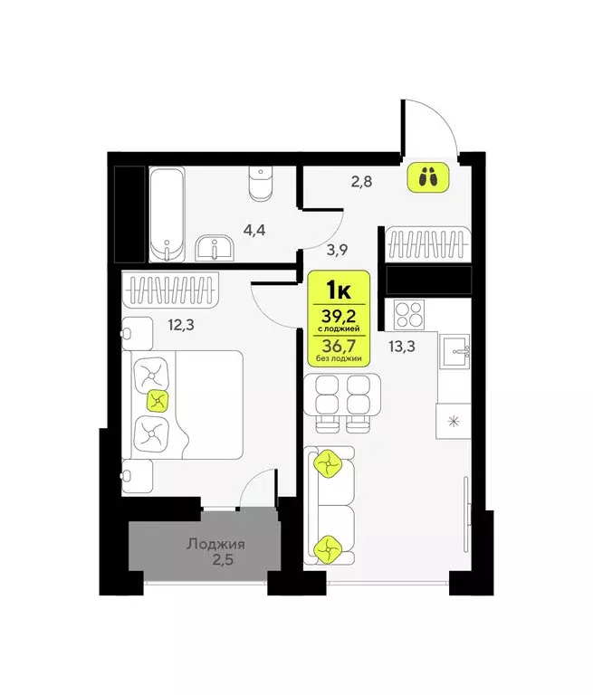 1-комнатная квартира: Тюмень, улица Андрея Приказнова, 1 (39.2 м) - Фото 1