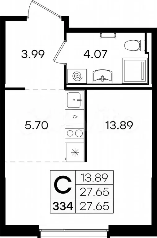 Квартира-студия, 27,7 м, 4/9 эт. - Фото 0