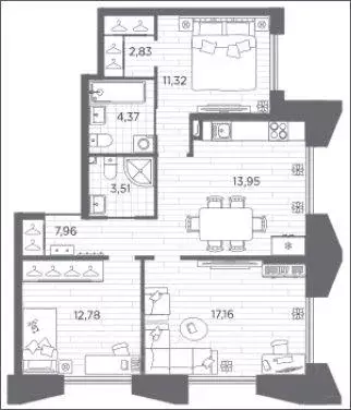 Квартира, 3 комнаты, 73.88 м - Фото 1