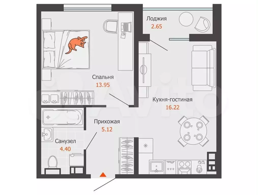 1-к. квартира, 41 м, 2/9 эт. - Фото 0
