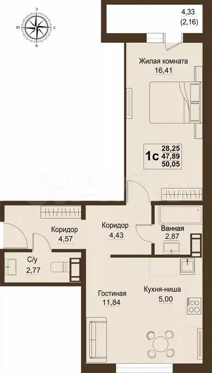 1-к. квартира, 50,1 м, 6/9 эт. - Фото 0