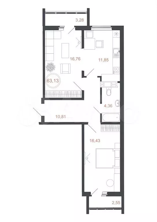 2-к. квартира, 63,1м, 14/16эт. - Фото 1