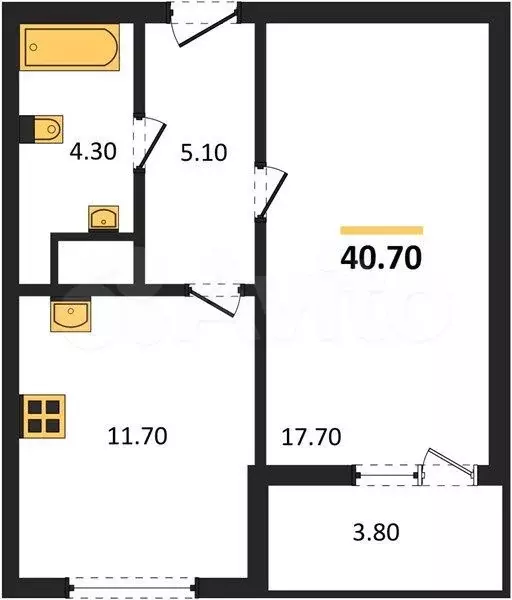 1-к. квартира, 40,7 м, 1/4 эт. - Фото 1
