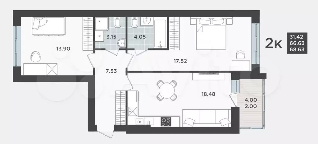 2-к. квартира, 67 м, 2/9 эт. - Фото 1