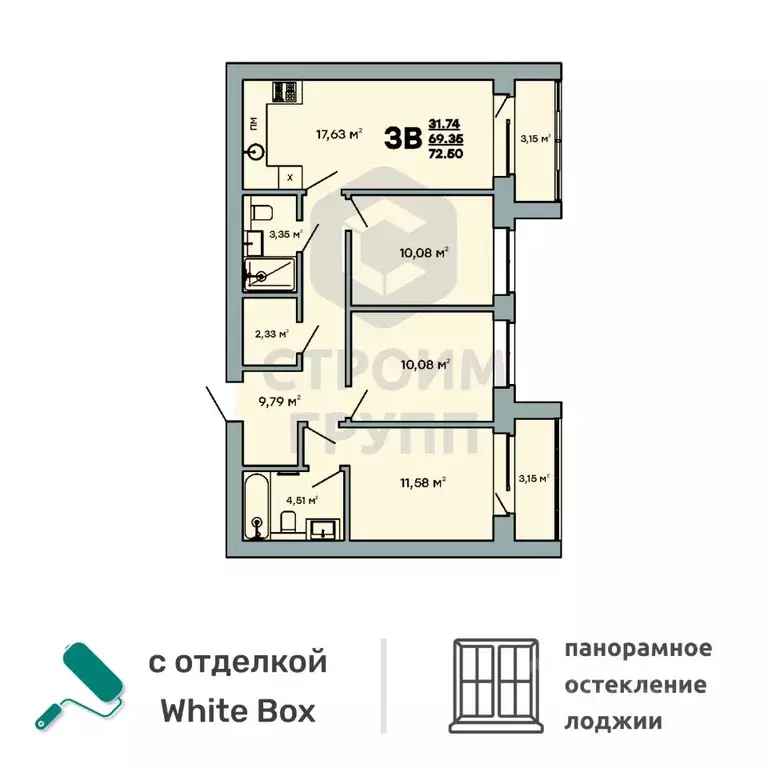 3-к кв. Владимирская область, Ковров ул. Строителей, 43/1 (72.5 м) - Фото 0