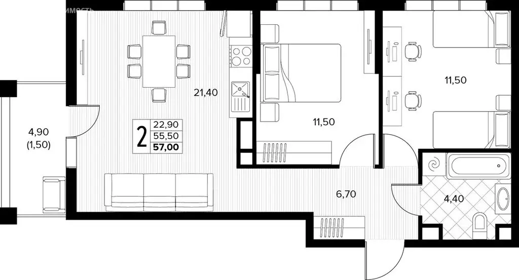 2-комнатная квартира: село Сукко, жилой комплекс Кипарис (57 м) - Фото 1