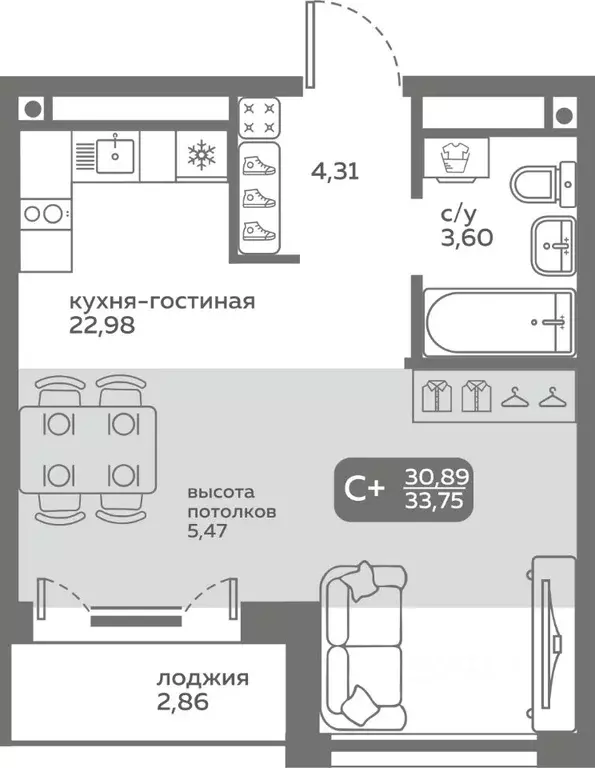 Студия Тюменская область, Тюмень ул. Вадима Бованенко, 10 (30.89 м) - Фото 0