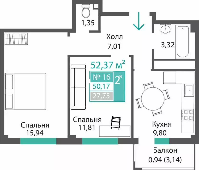 2-комнатная квартира: Мирное, ЖК ПроПолис (50.17 м) - Фото 1