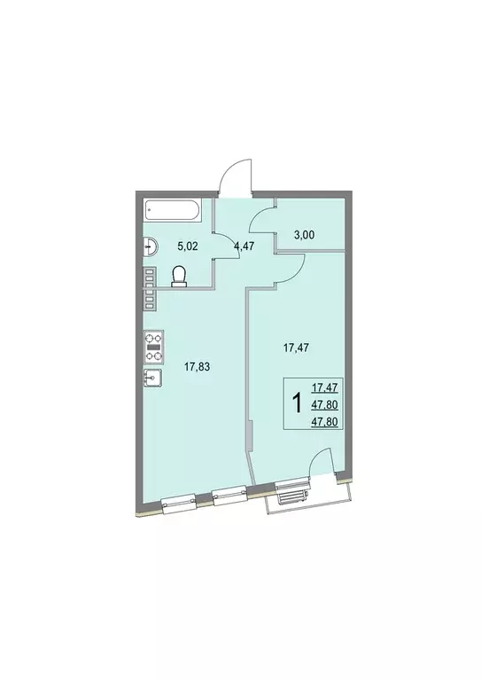 2-к квартира, 48.1 м - Фото 0