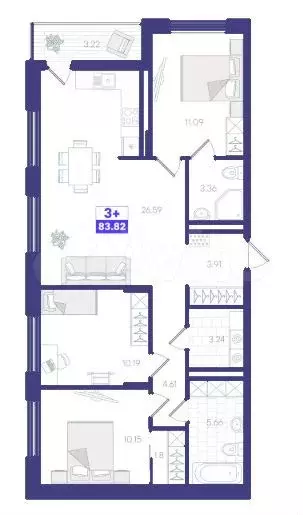 3-к. квартира, 84 м, 3/9 эт. - Фото 1