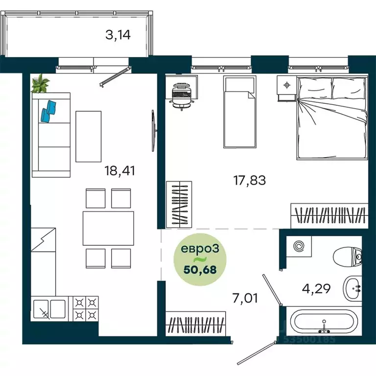 1-к кв. Иркутская область, Иркутск ул. Безбокова, 7А (50.68 м) - Фото 1