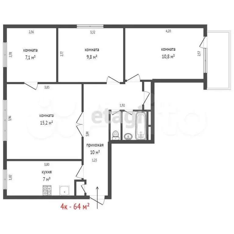 4-к. квартира, 64 м, 5/9 эт. - Фото 1