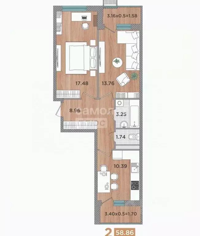 2-к кв. Краснодарский край, Темрюк Дальняя ул., 30 (58.86 м) - Фото 2