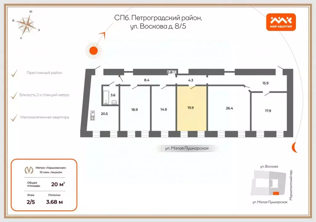 Комната Санкт-Петербург Малая Пушкарская ул., 5 (20.0 м) - Фото 1