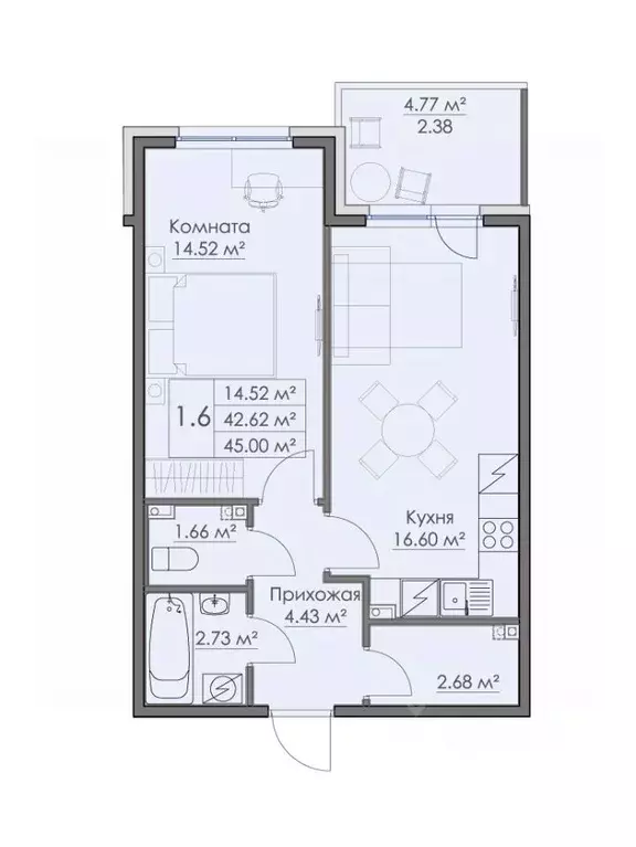 1-к кв. Ленинградская область, Выборг наб. Адмирала Чичагова, 10 (45.0 ... - Фото 1